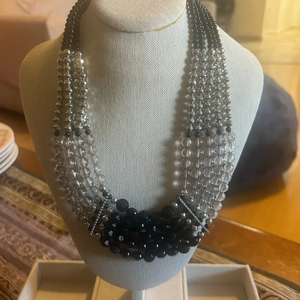 Vintage 5-Strand Multi-Facet Beaded Bib Statement Necklace Black Silver Clear